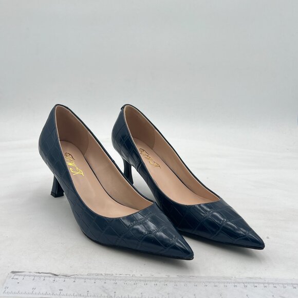 FOWT Black Solid Croc-Embossed Pointed Toe Thin Mid Heels Pumps Walking Shoes - Picture 4 of 8